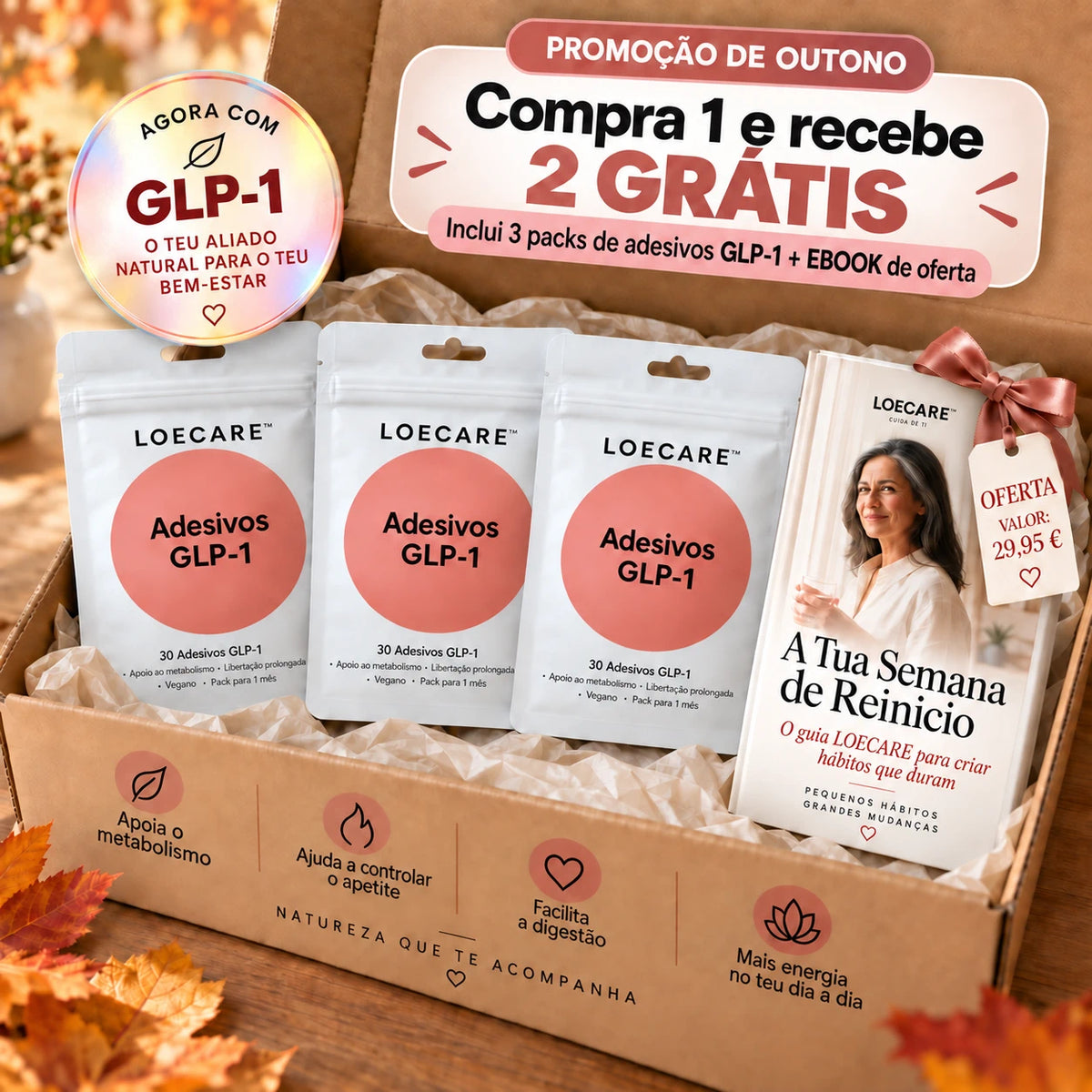 Pack Promoção de Outono com 3 packs de Adesivos GLP-1 e o ebook A Tua Semana de Reinício