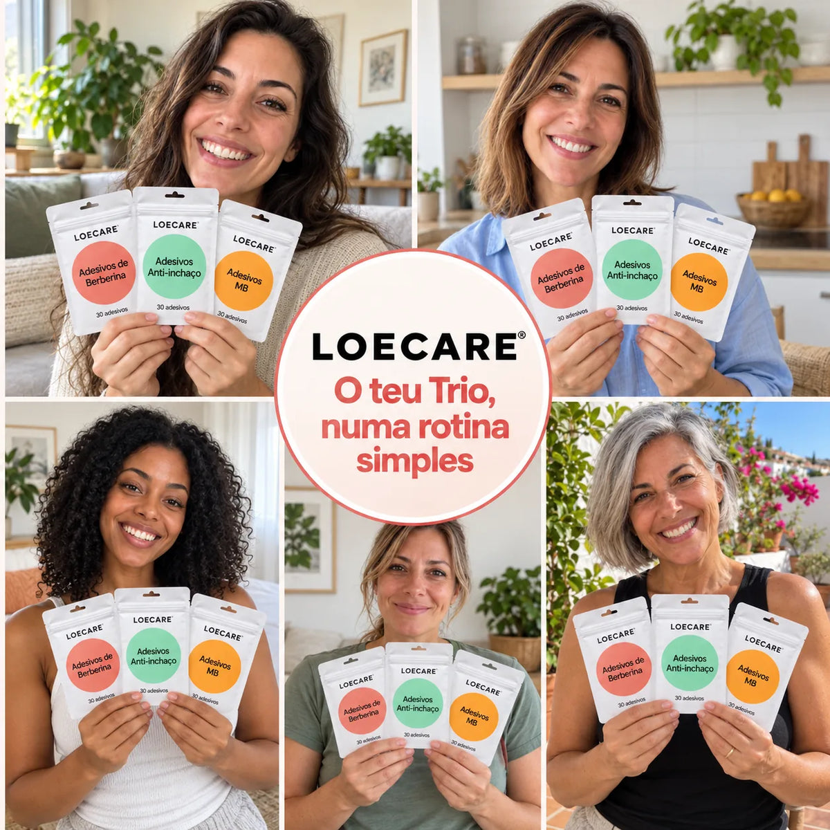 Cinco mulheres apresentam as três embalagens do Trio LOECARE