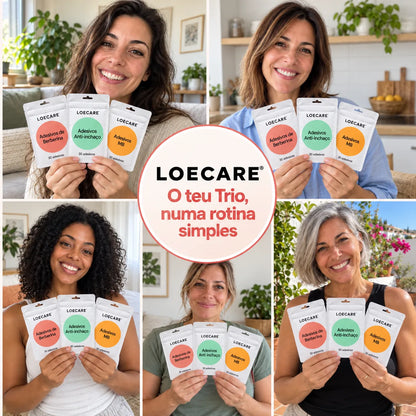 Cinco mulheres apresentam as três embalagens do Trio LOECARE